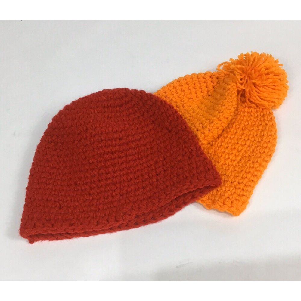 Two Handmade Hats Crocheted Tobogins Red Orange Bennie Size Adult